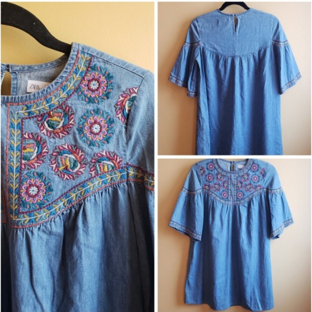 ZARA GIRLS 13-14 CHAMBRAY EMBROIDERED DRESS - BOHO CHICK